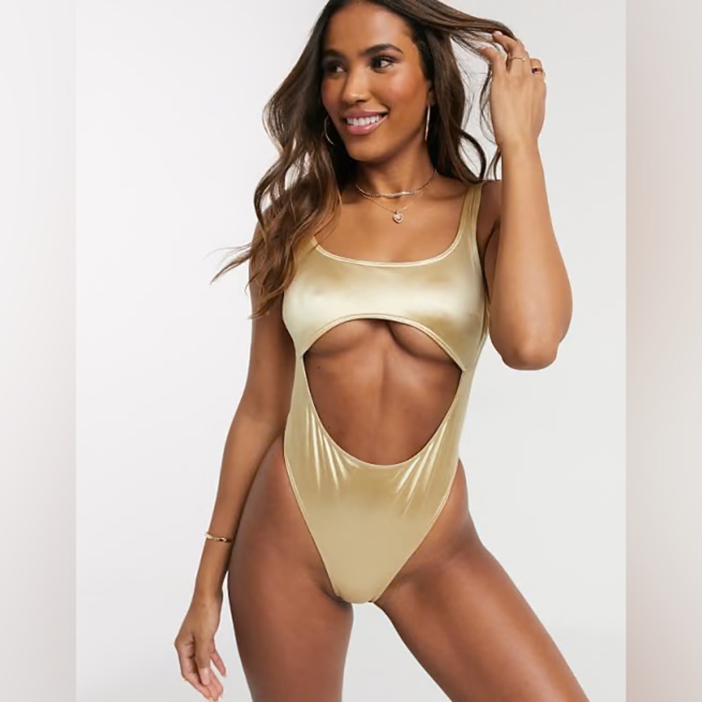 Luxe Palm cut out swimsuit in gold one piece, Small